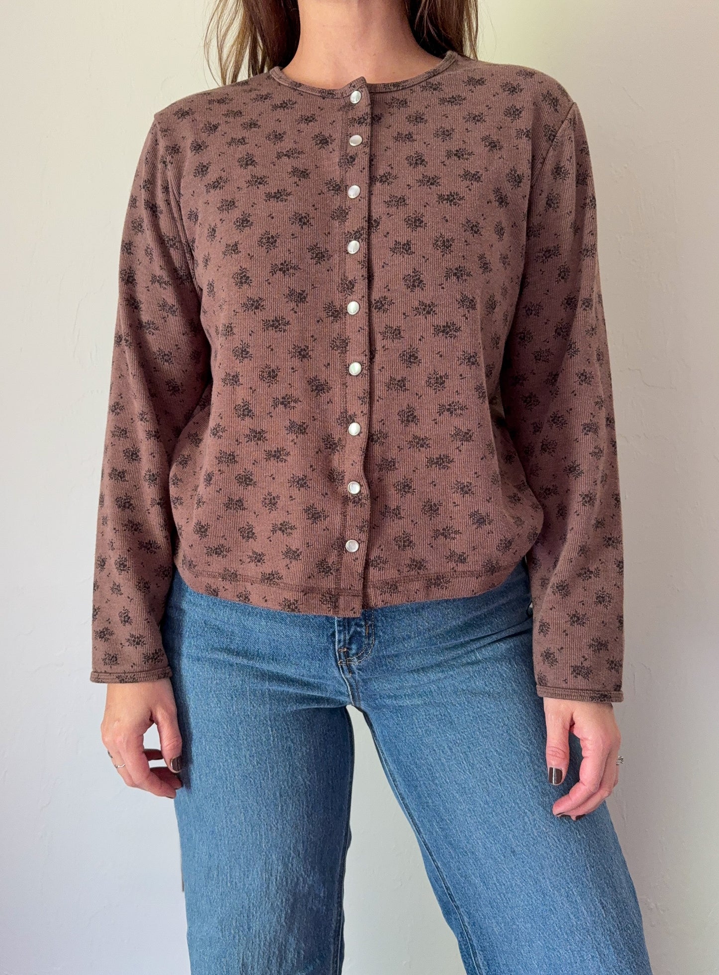 90s Brown Floral Snap Button Top