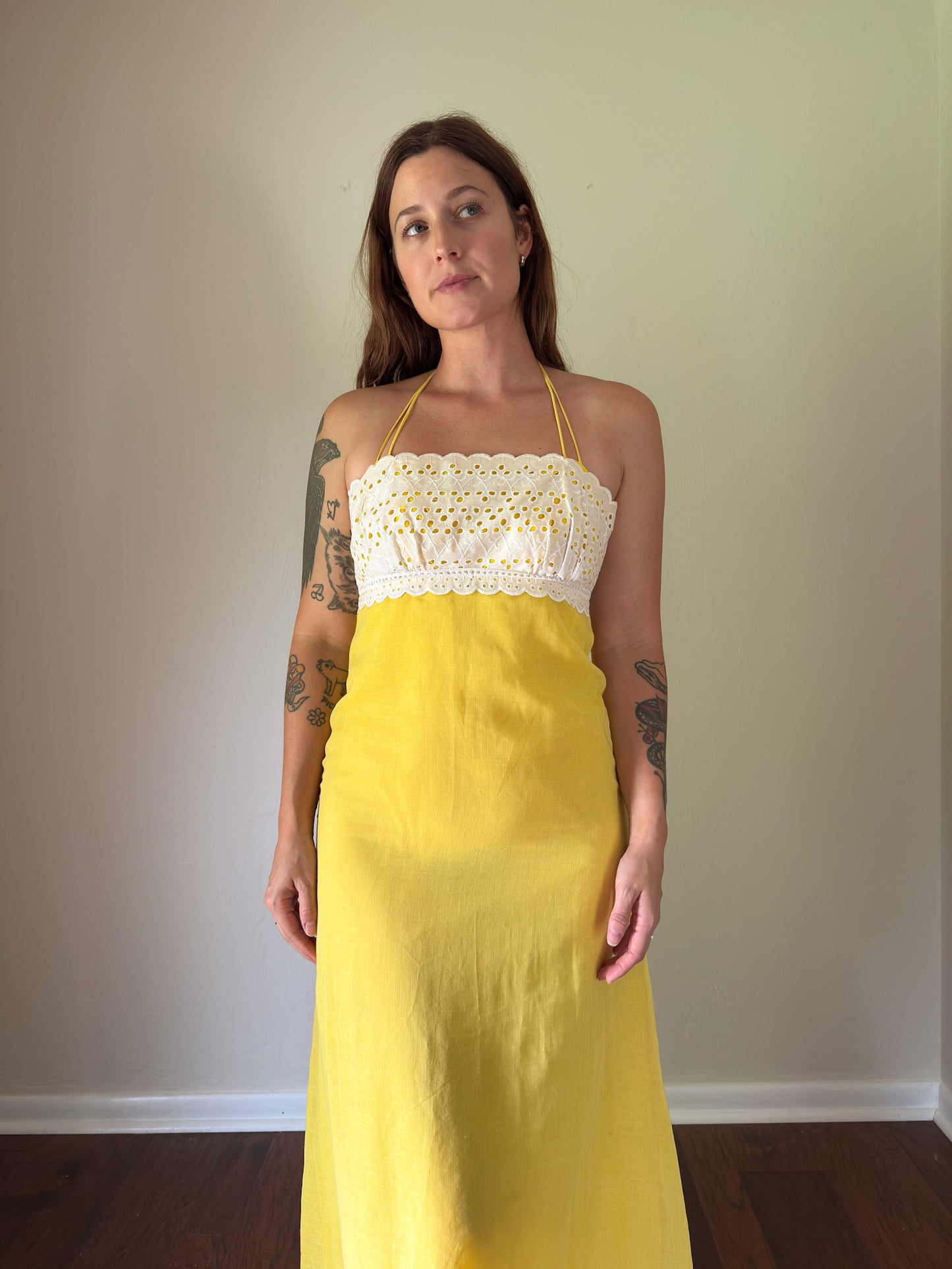 70s yellow and white eyelet maxi dress