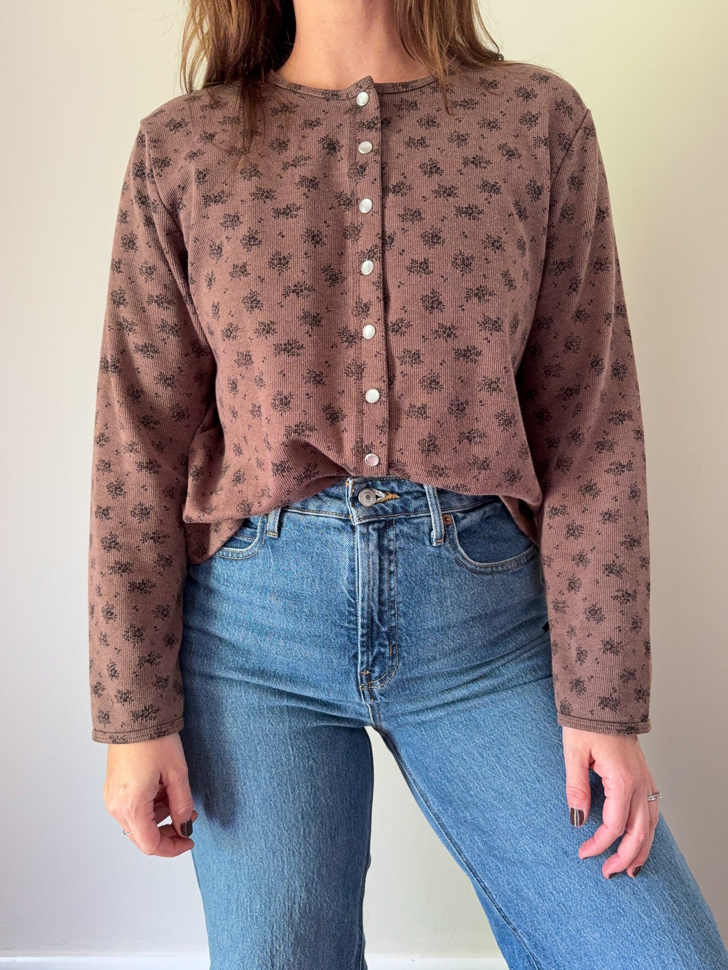90s Brown Floral Snap Button Top