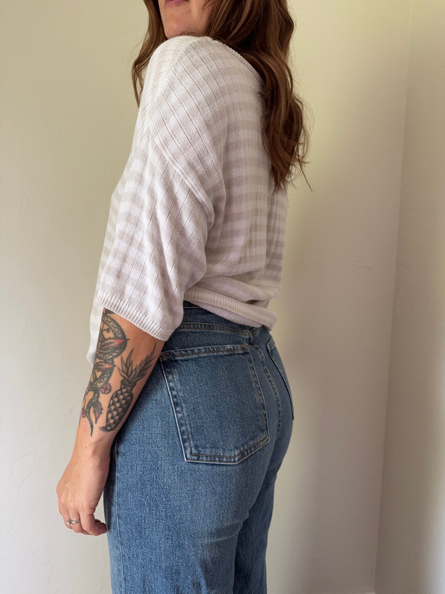 90s tan and white striped shirt