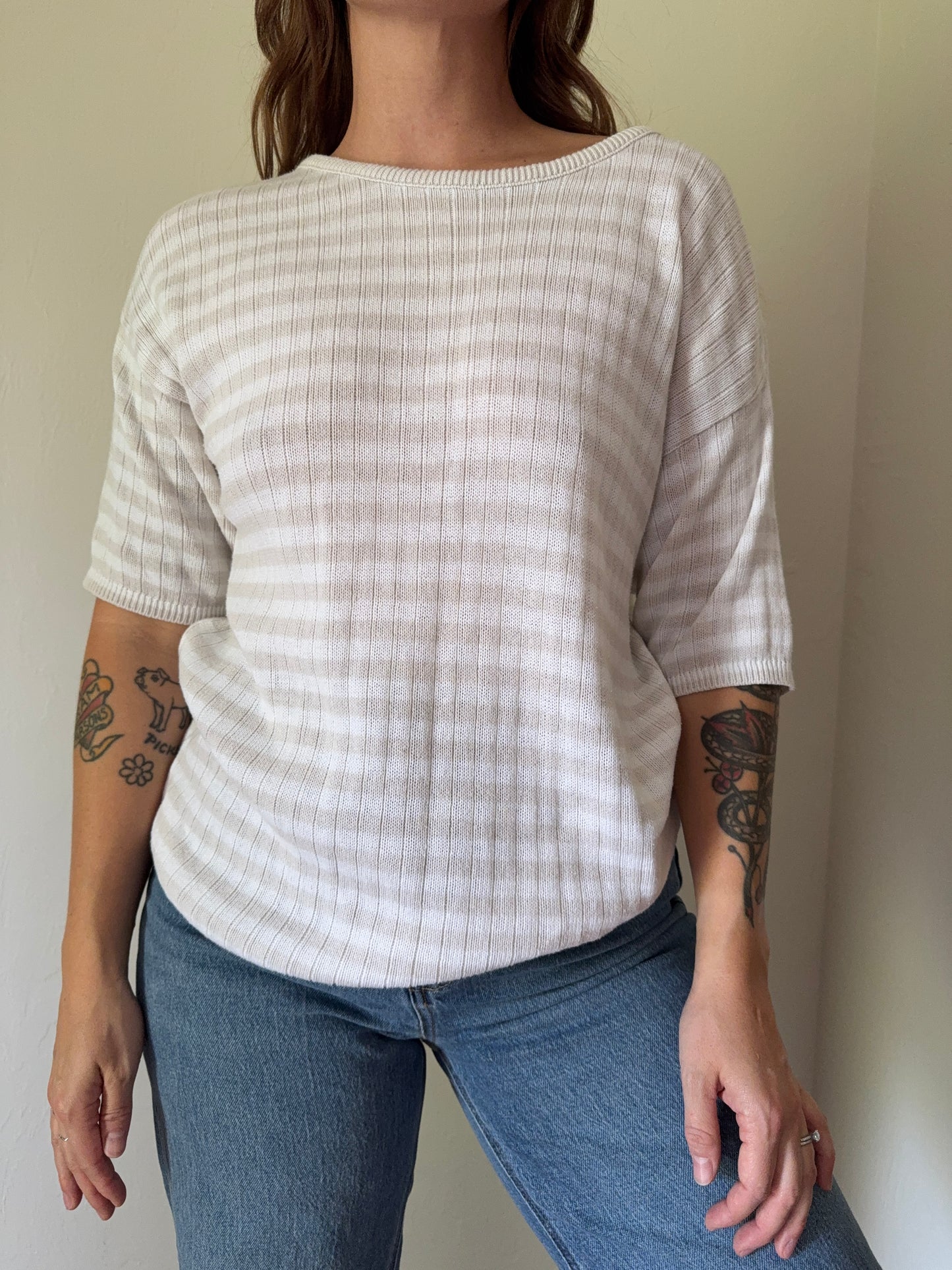 90s tan and white striped shirt