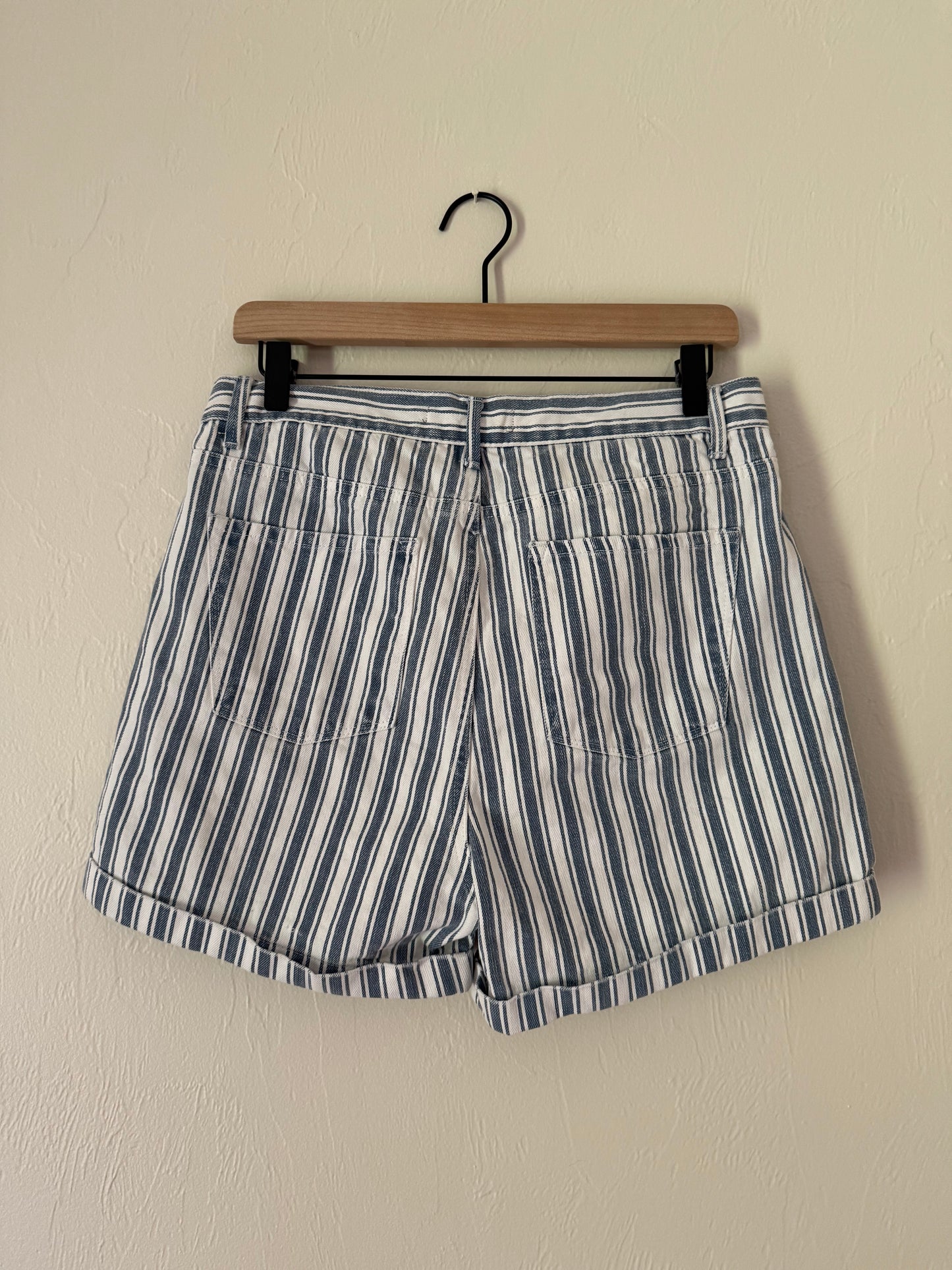 blue + white stripe denim shorts