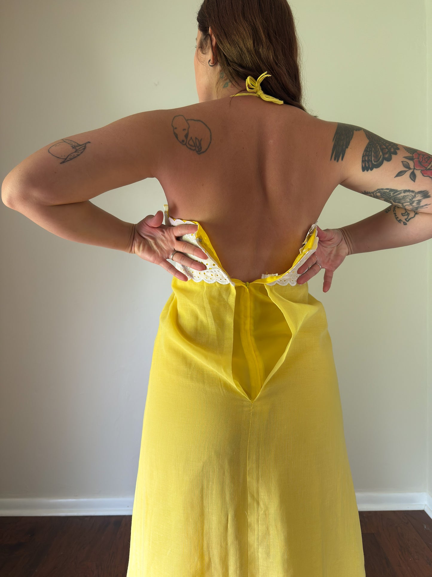 70s yellow and white eyelet maxi dress