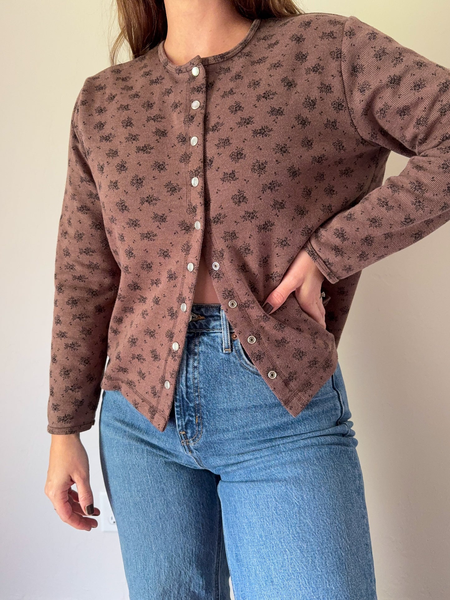 90s Brown Floral Snap Button Top