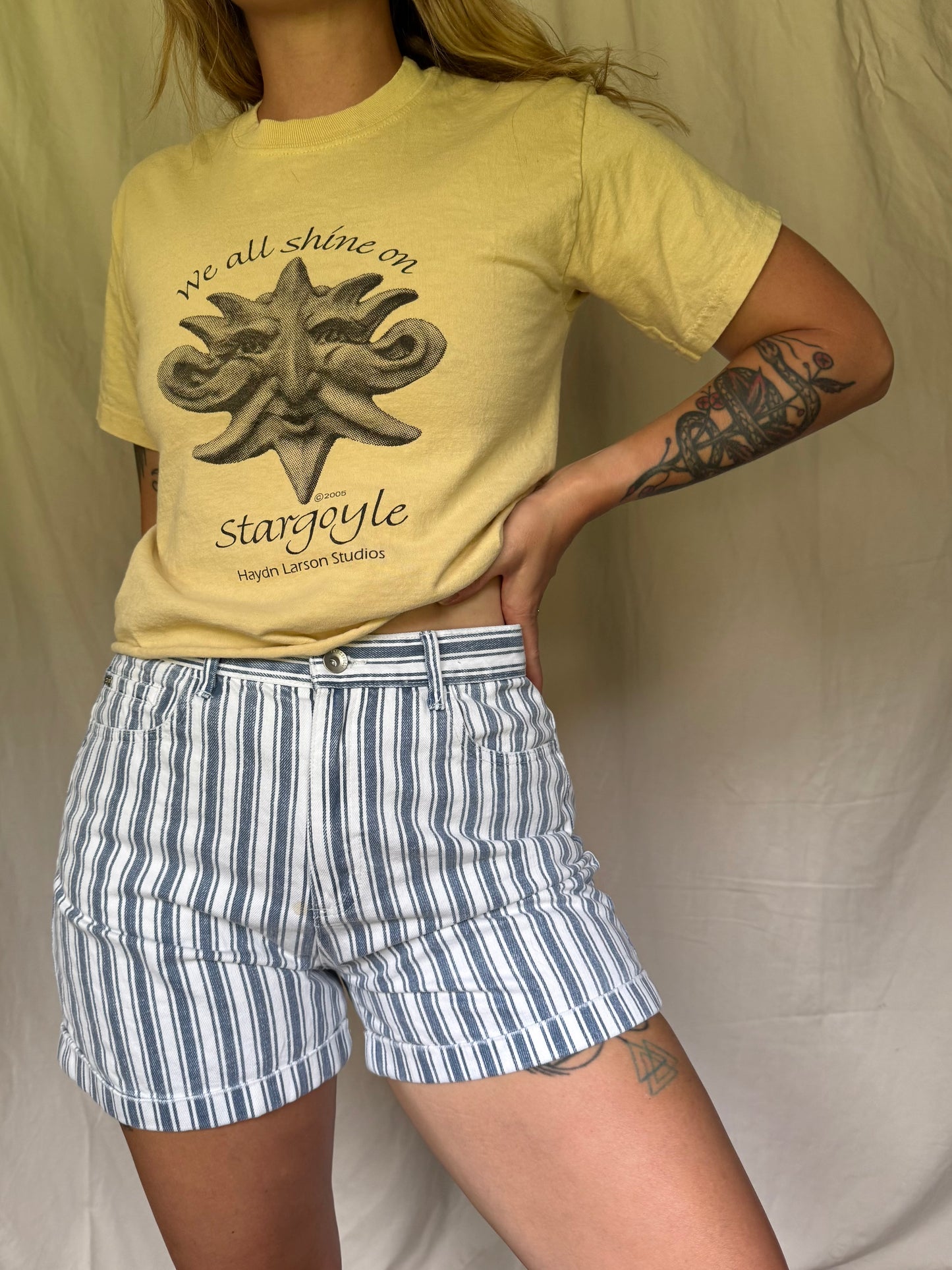 blue + white stripe denim shorts