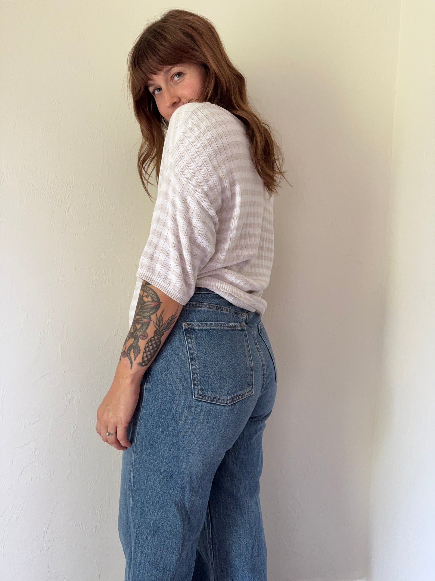 90s tan and white striped shirt