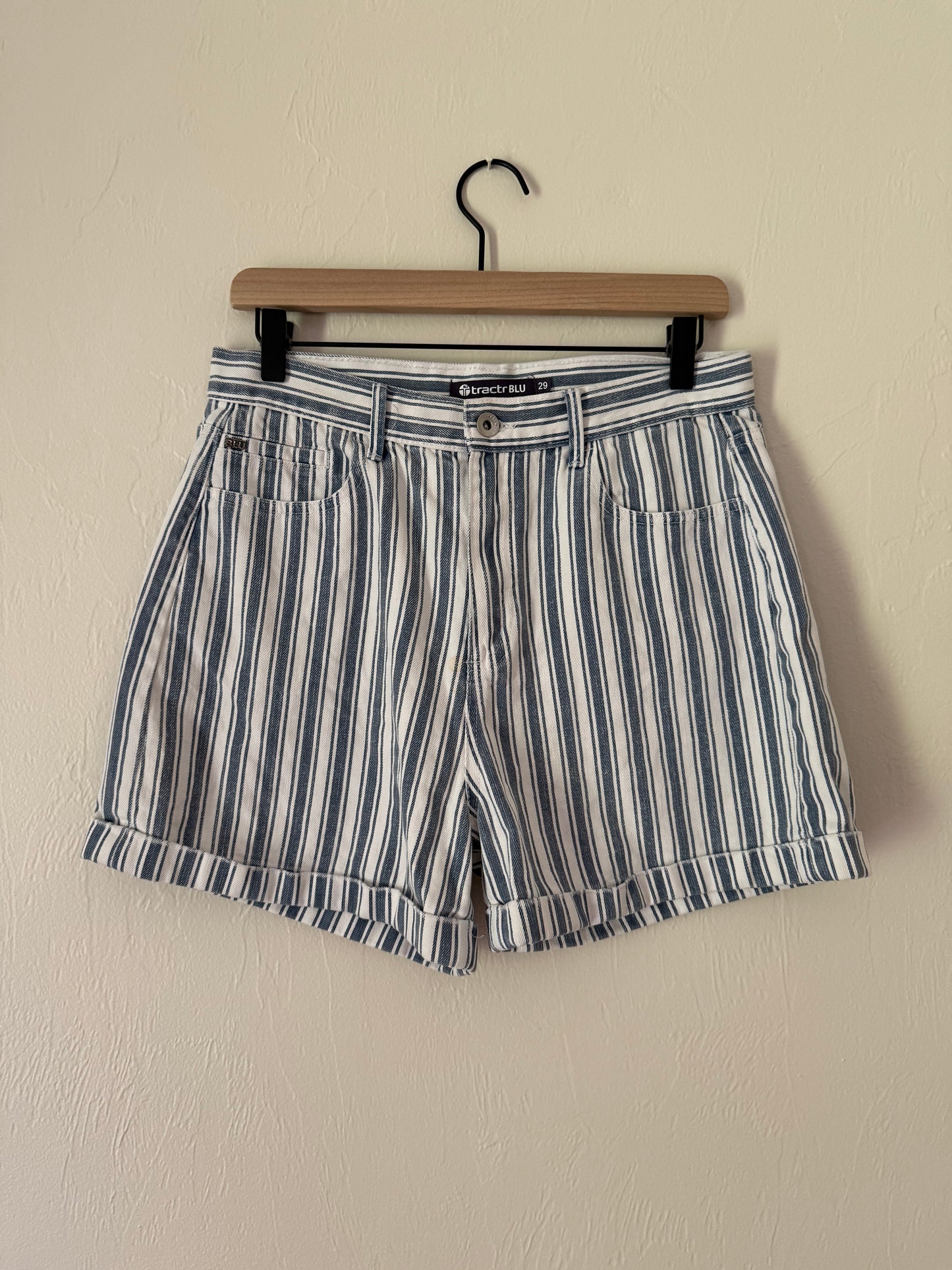 blue + white stripe denim shorts