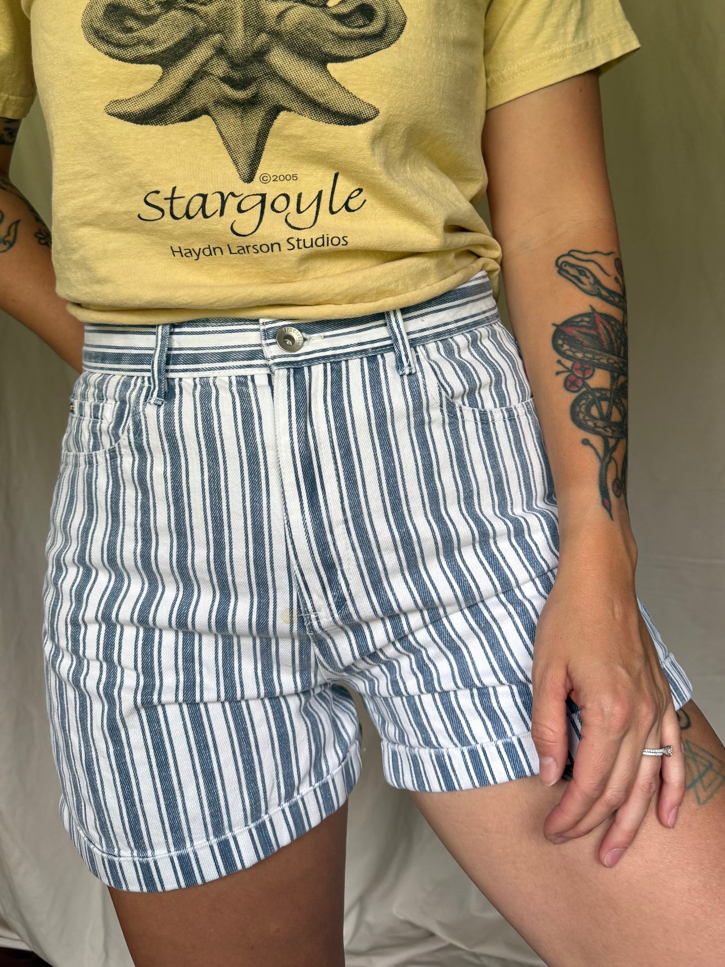 blue + white stripe denim shorts