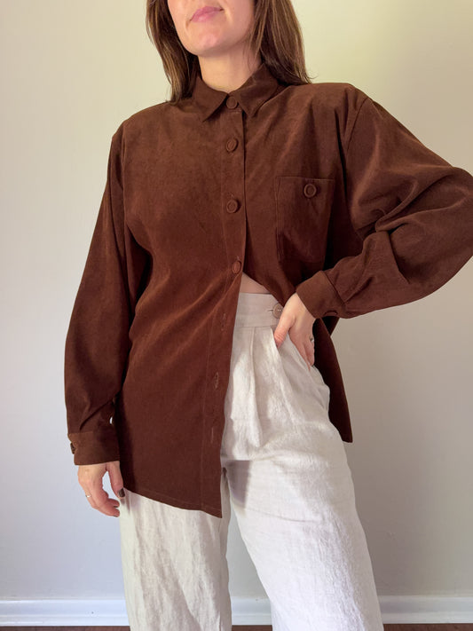 90s Brown Faux Suede Button Up