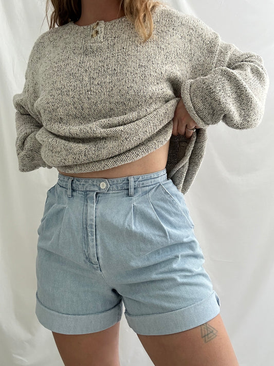 light blue denim pleated shorts