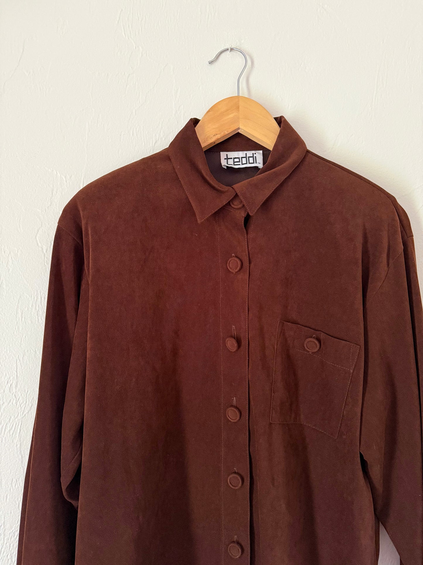 90s Brown Faux Suede Button Up