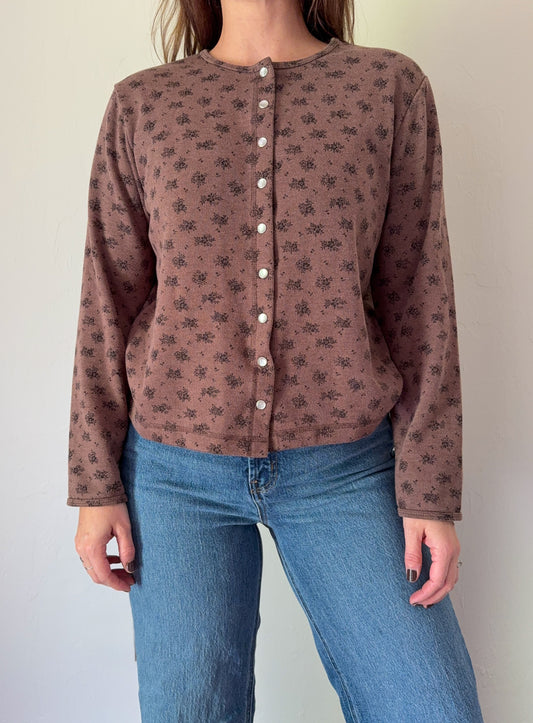 90s Brown Floral Snap Button Top