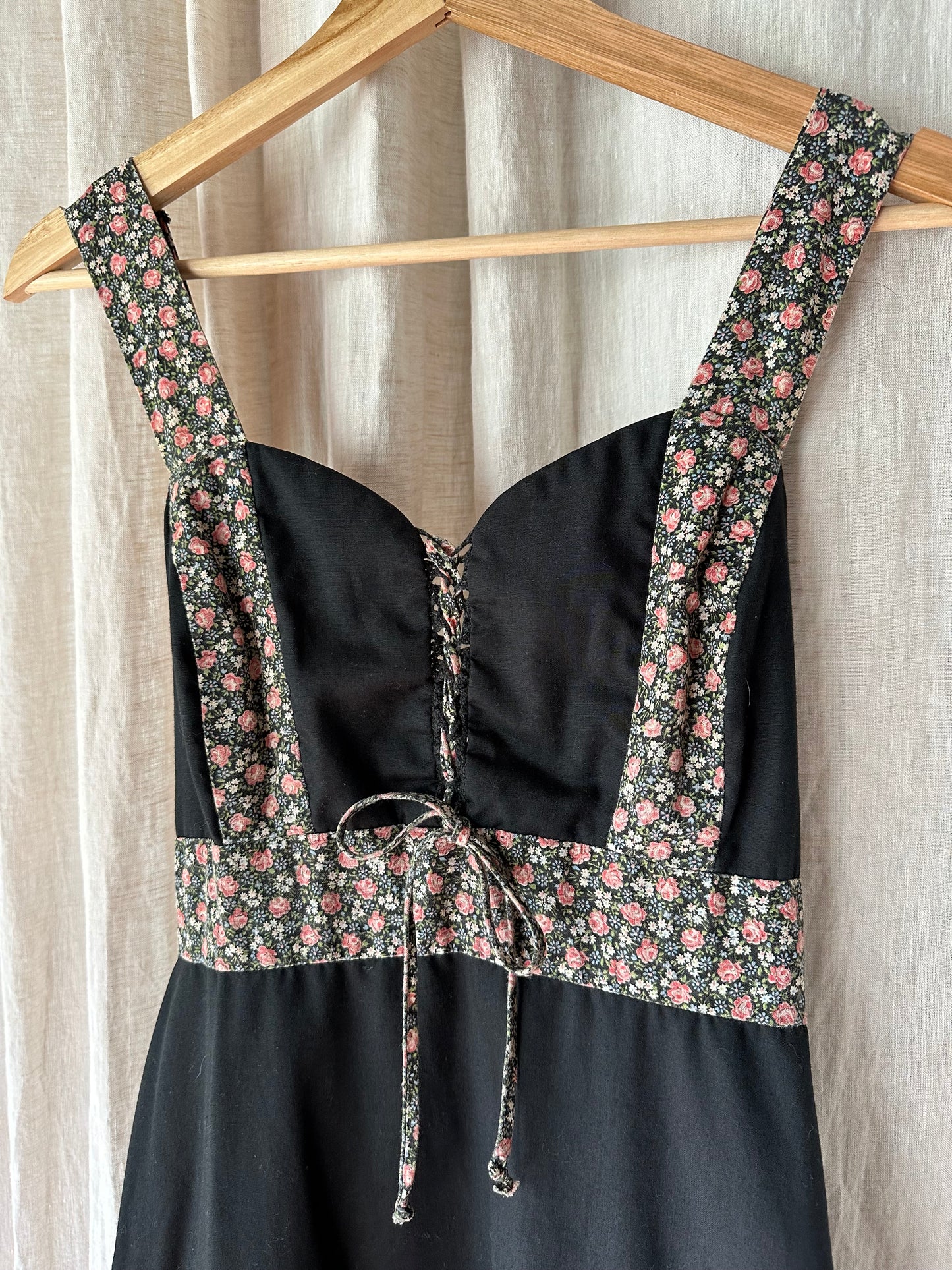 70s black floral prairie dress