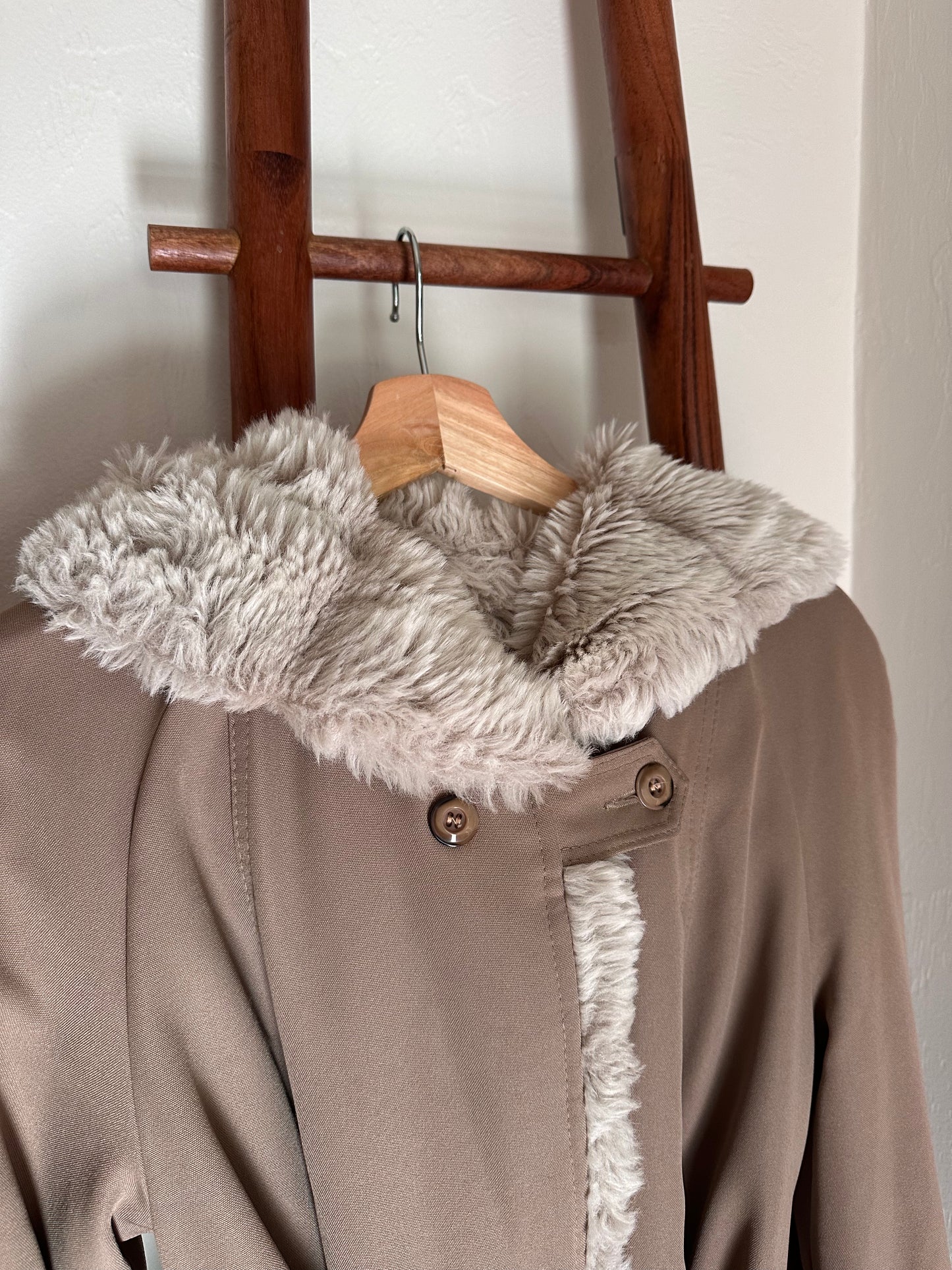 beige fur trim hooded coat