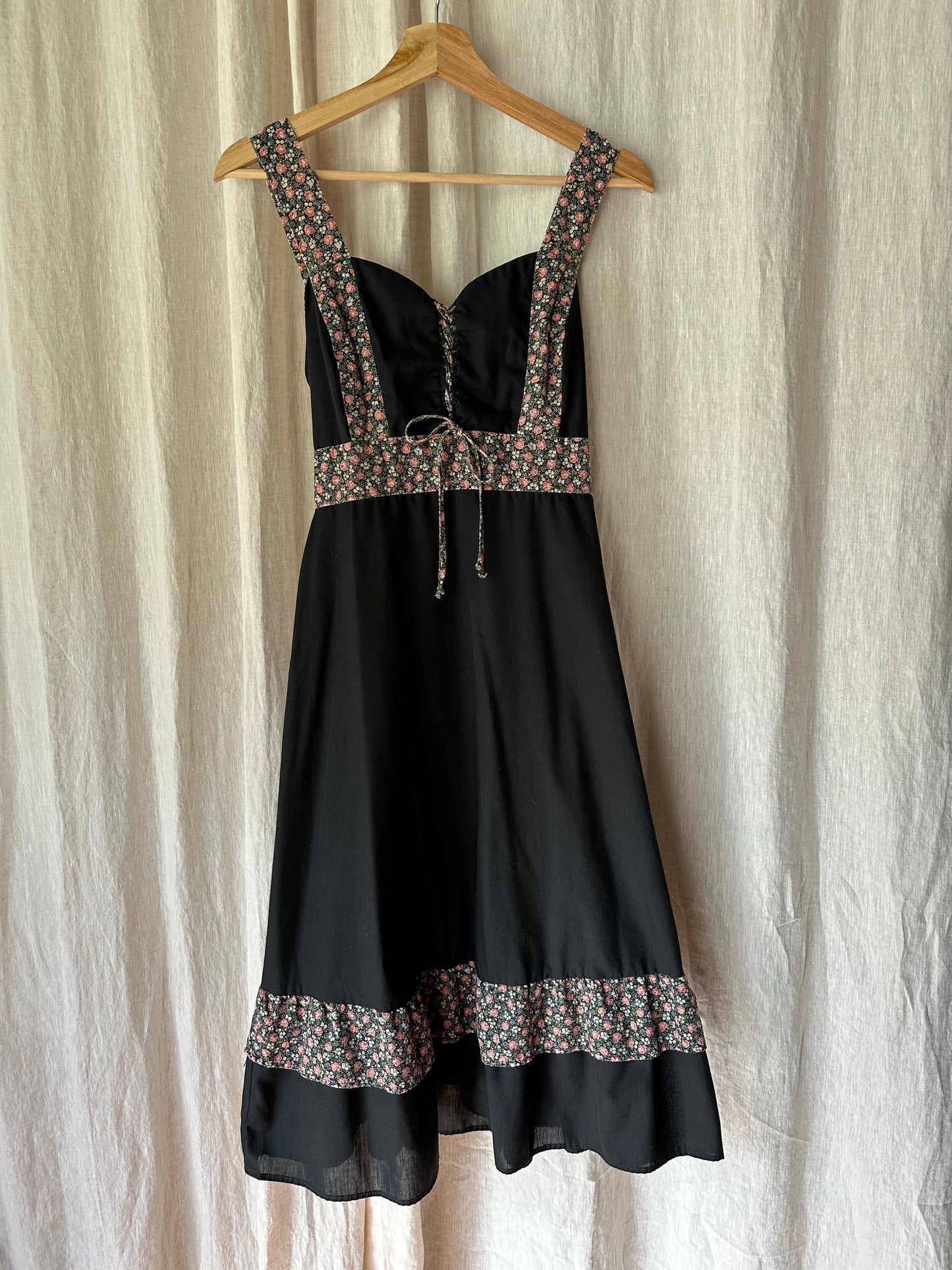 70s black floral prairie dress