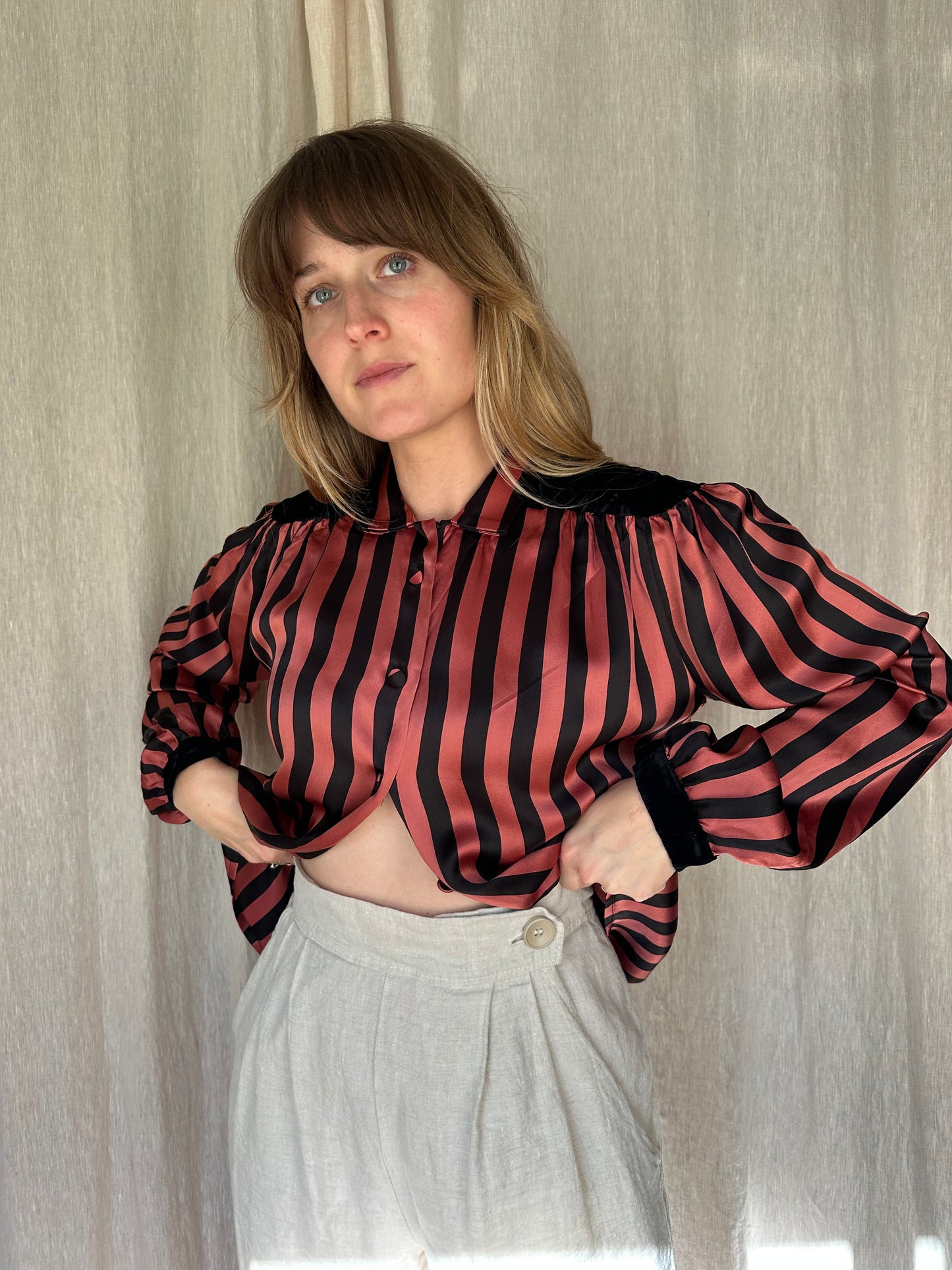 silk & velvet striped blouse