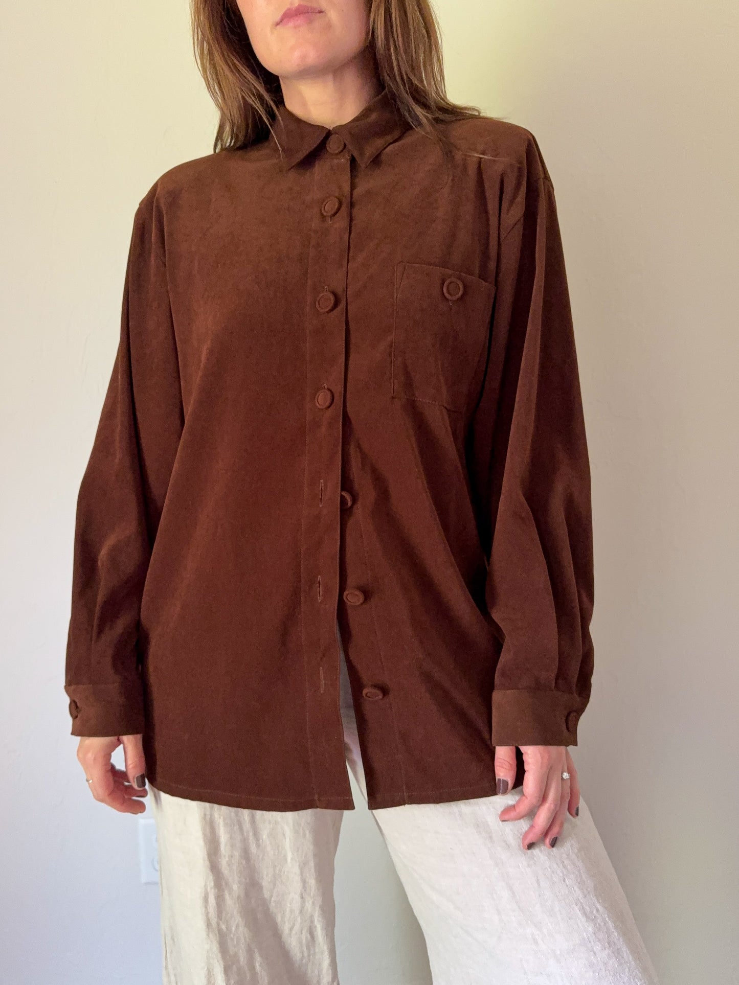90s Brown Faux Suede Button Up