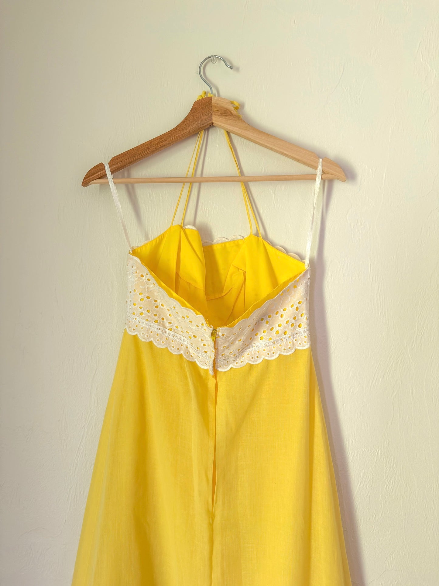 70s yellow and white eyelet maxi dress