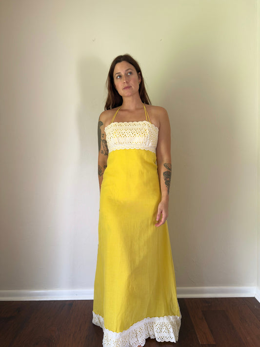 70s yellow and white eyelet maxi dress