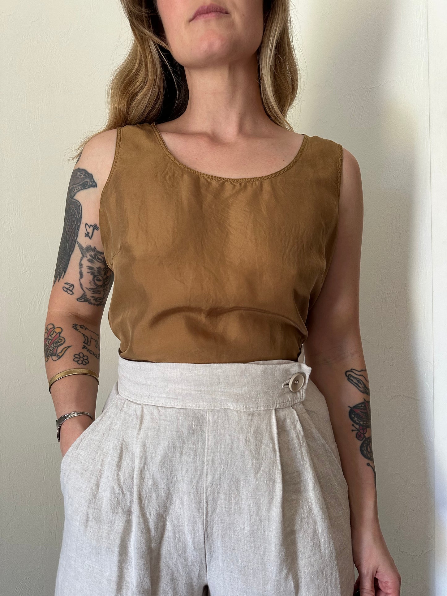 90s camel silk crepe tank top