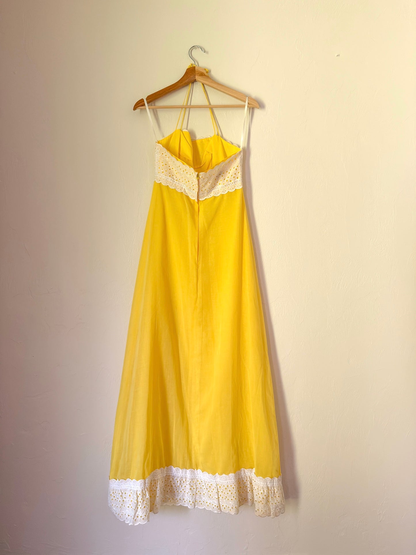 70s yellow and white eyelet maxi dress
