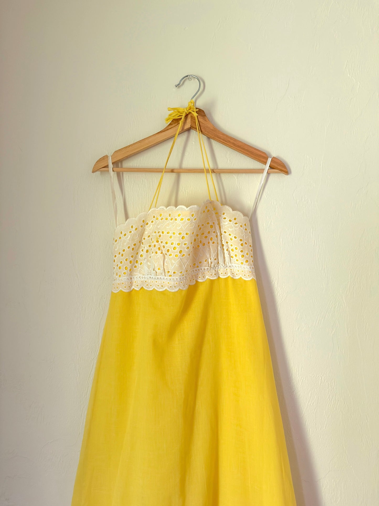 70s yellow and white eyelet maxi dress