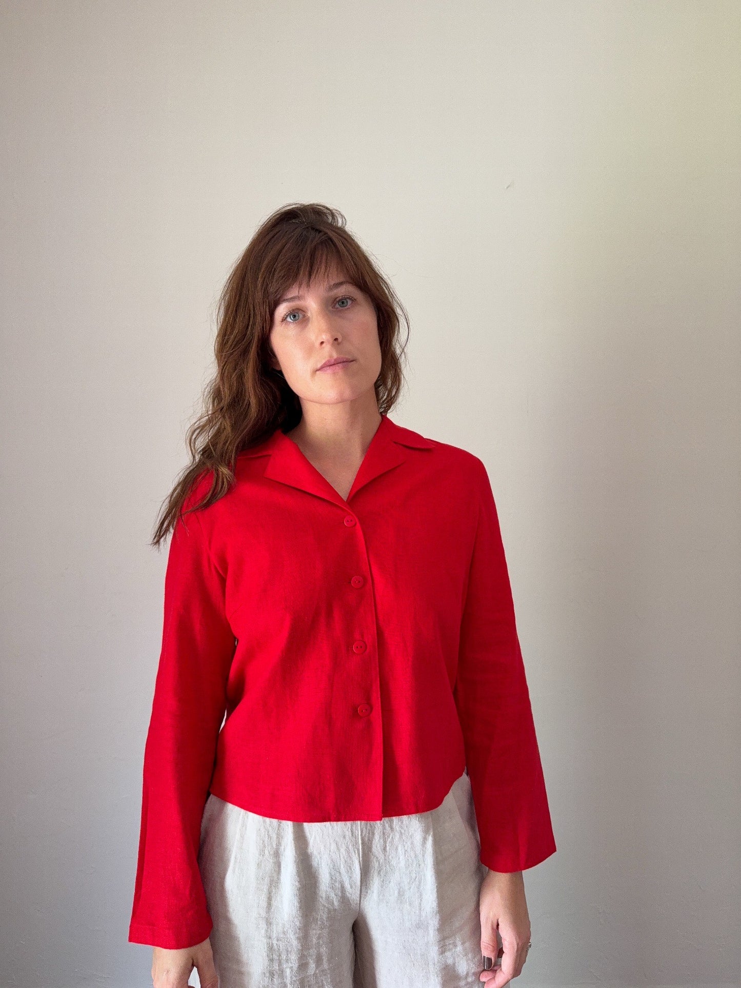 Cherry Red Cropped Button Down