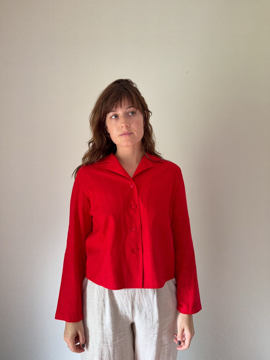Cherry Red Cropped Button Down