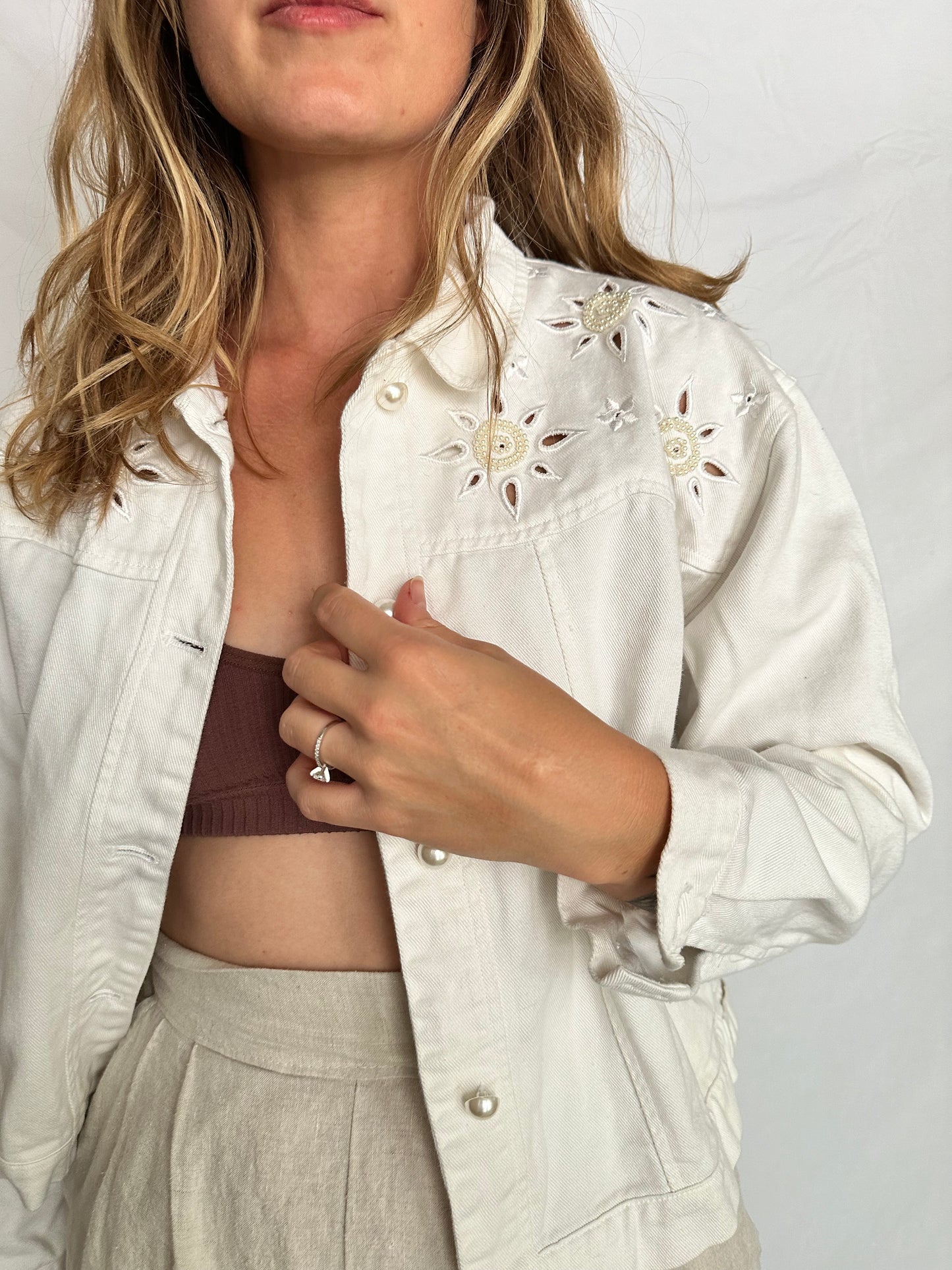 90s embroidered pearl denim jacket