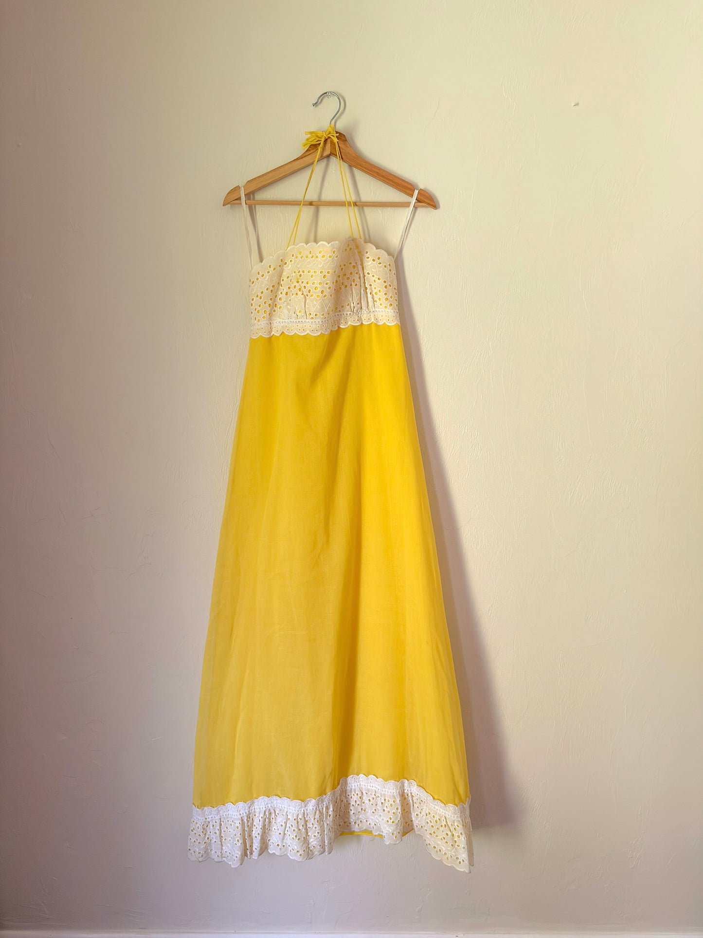 70s yellow and white eyelet maxi dress