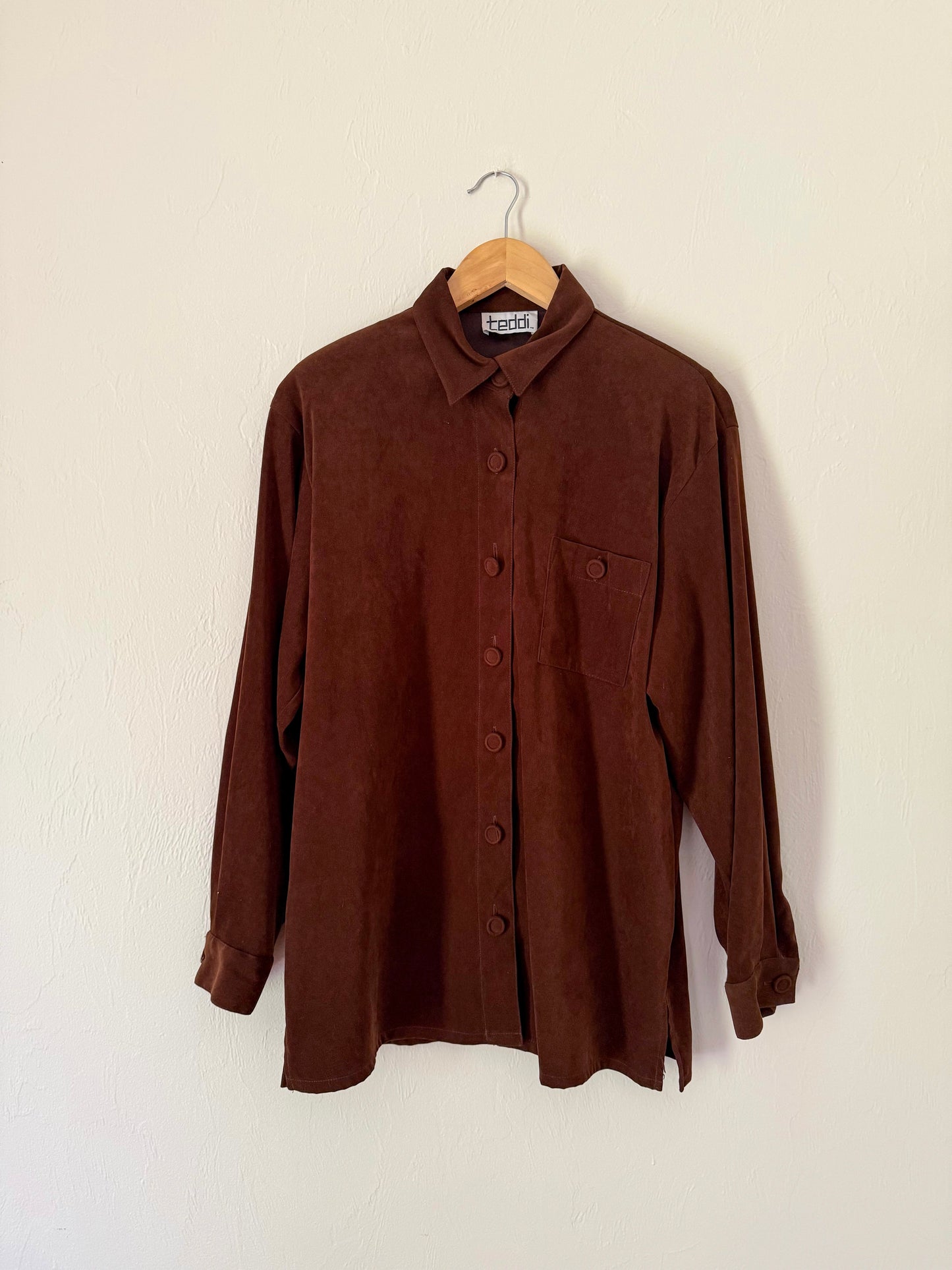 90s Brown Faux Suede Button Up