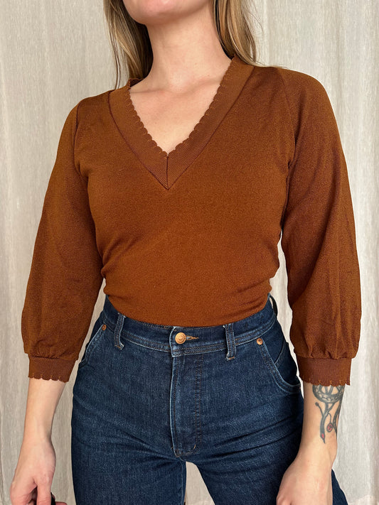 Vintage Brown V-Neck Top