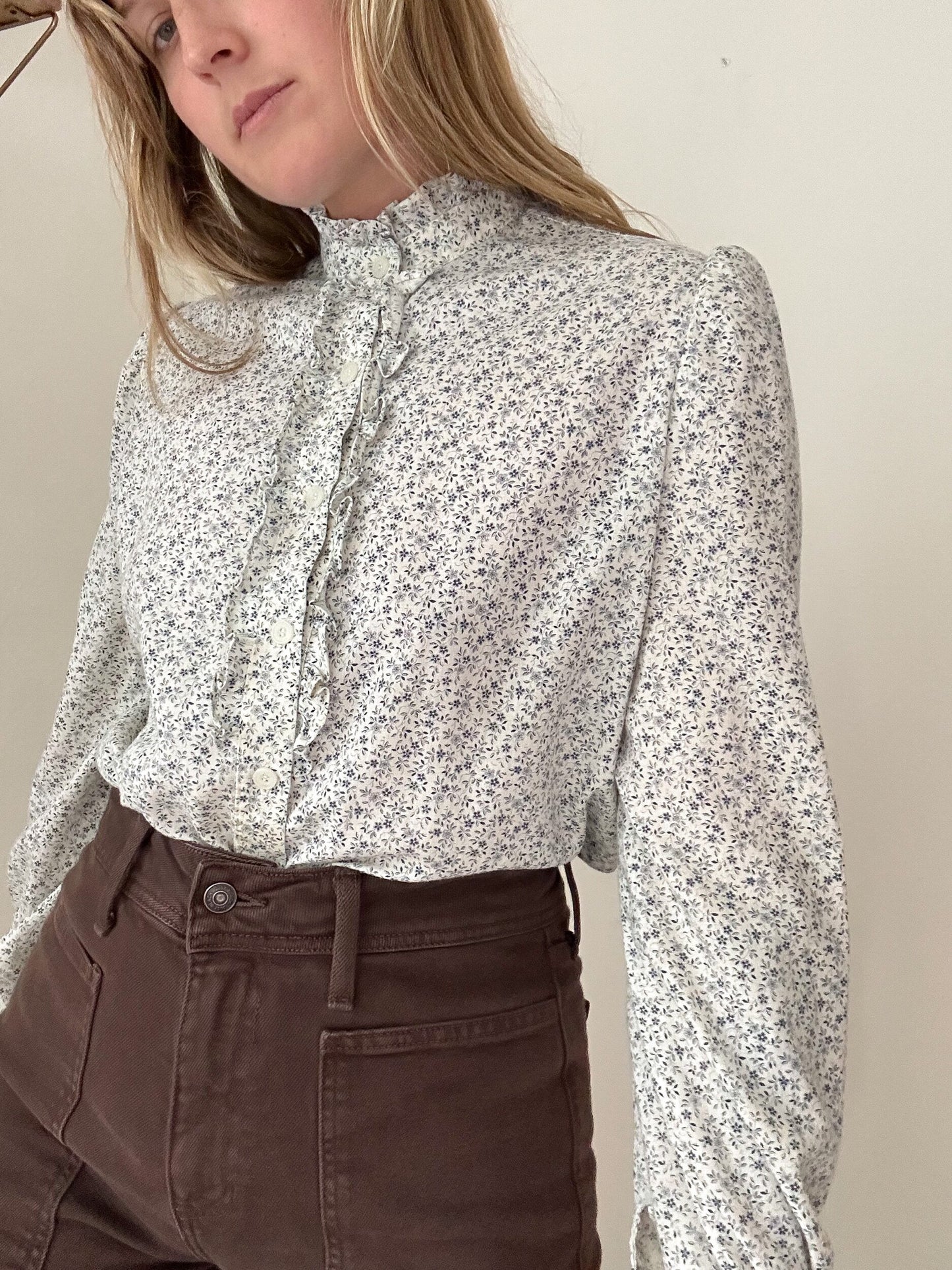 blue and white micro floral blouse