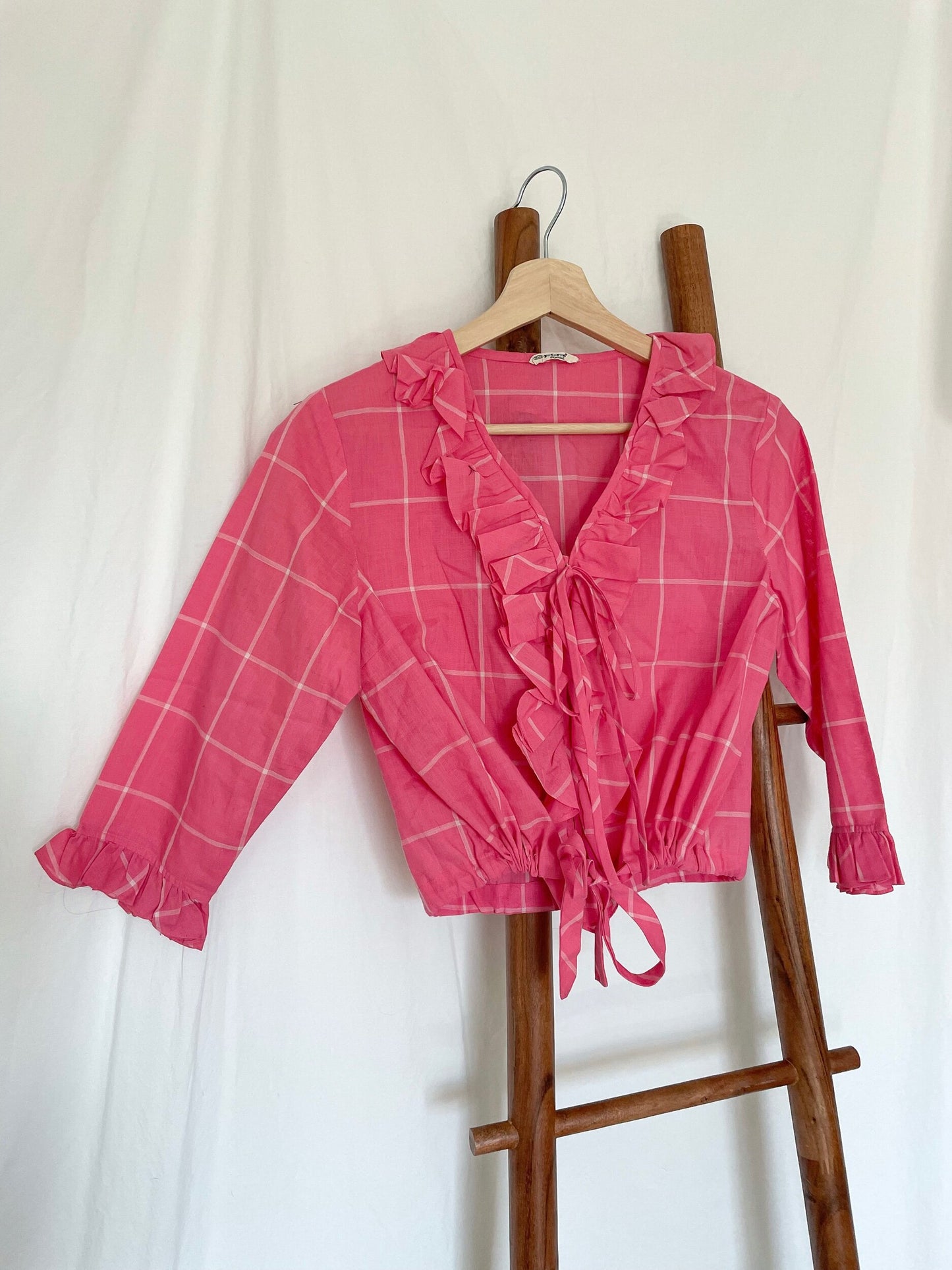 60s pink windowpane ruffle blouse