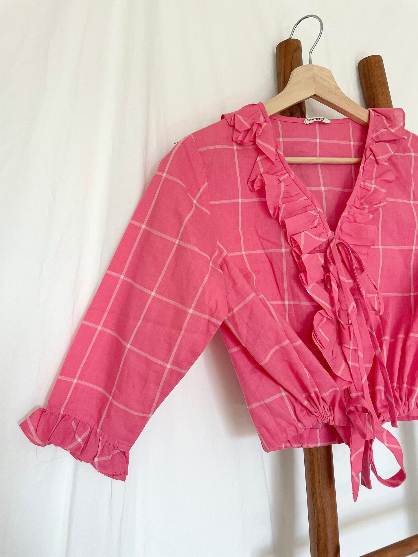 60s pink windowpane ruffle blouse